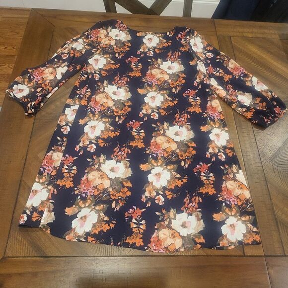 Lulus Split Sleeve Sheeth Shift Dress Navy Blue Floral V-Neck Boho Medium - Picture 3 of 8